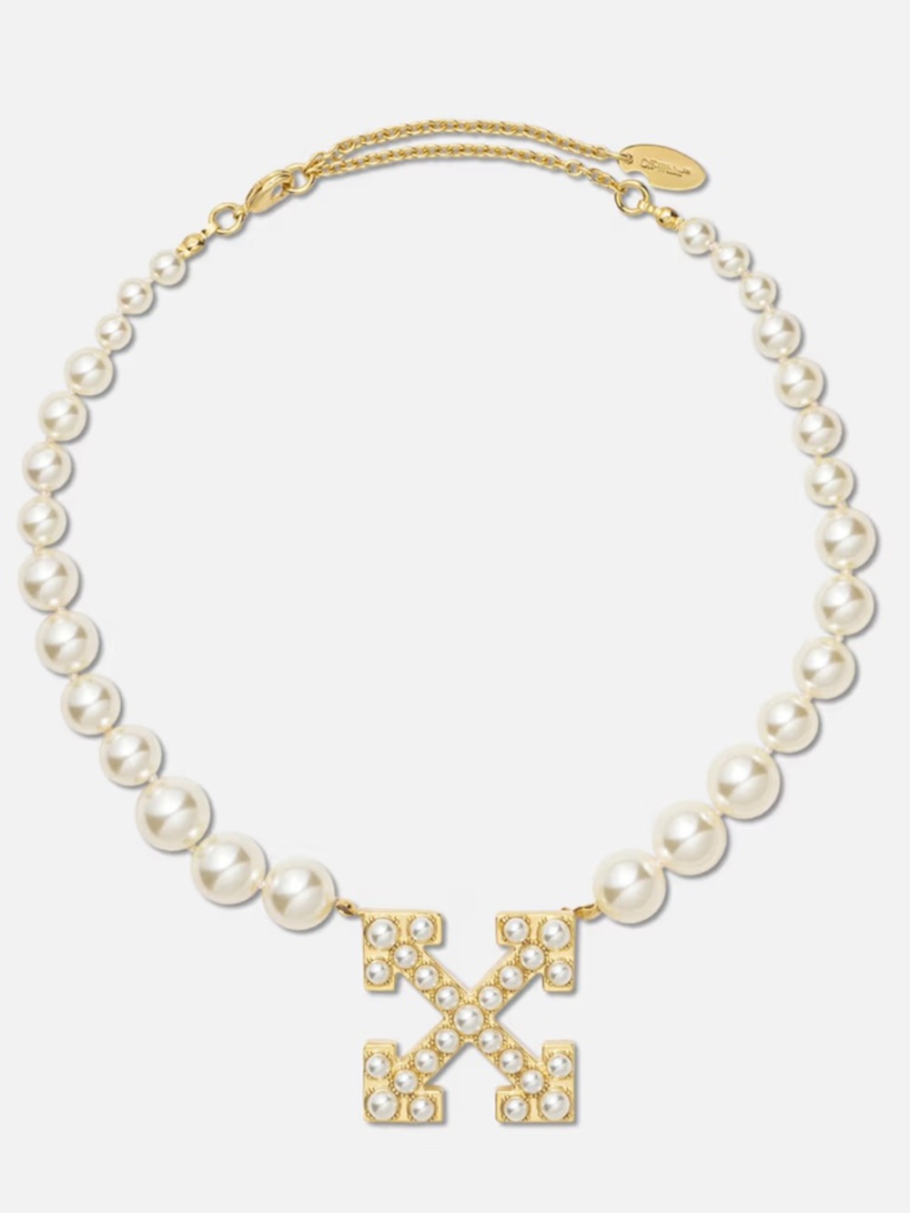 Off-White Pearl Logo Necklace in White and Gold